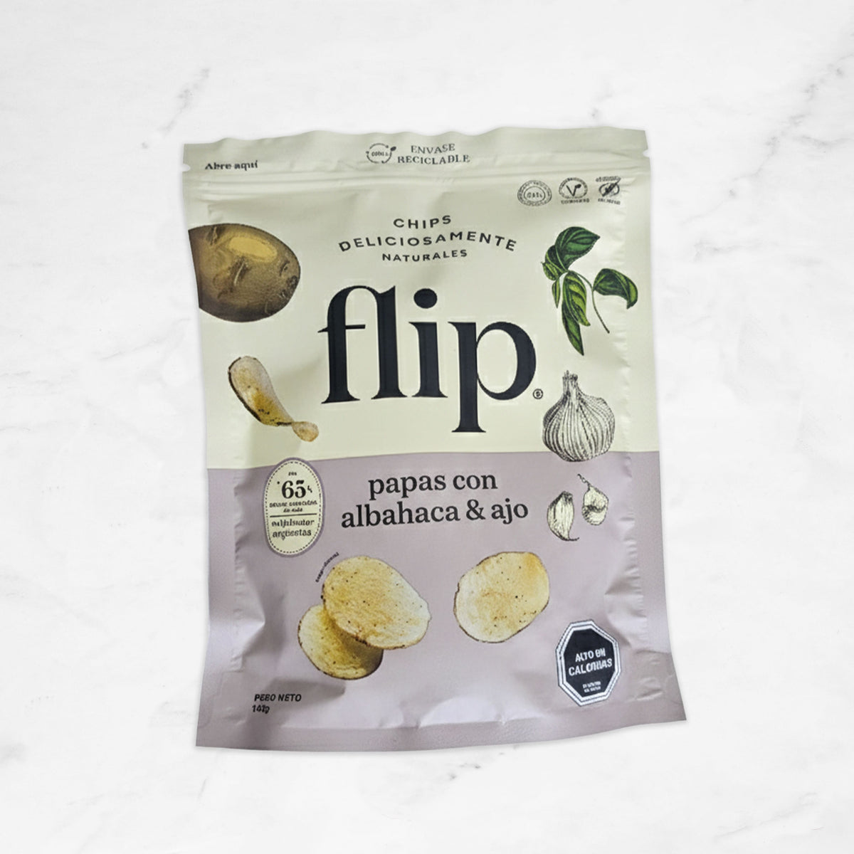 Chips de Papas con Ajo y Albahaca Flip 140Gr