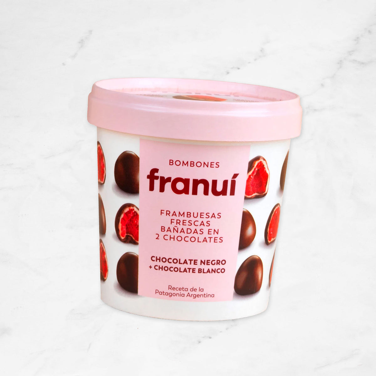 Bombón Helado Franui Frambuesa Chocolate Amargo y Blanco 150 grs.